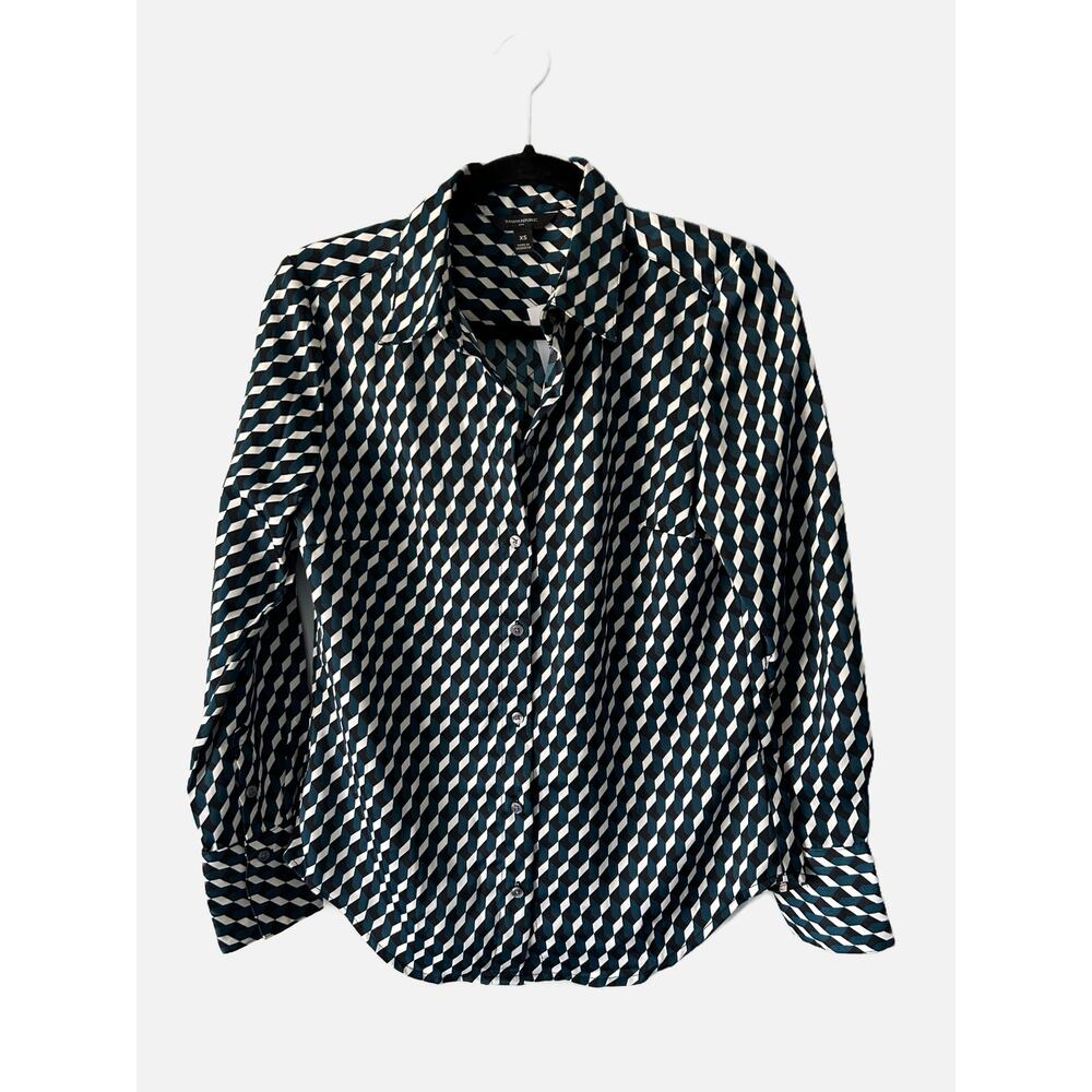 NWT Banana Republic Factory Blue and Black Diamond Pattern Long Sleeve Blouse XS